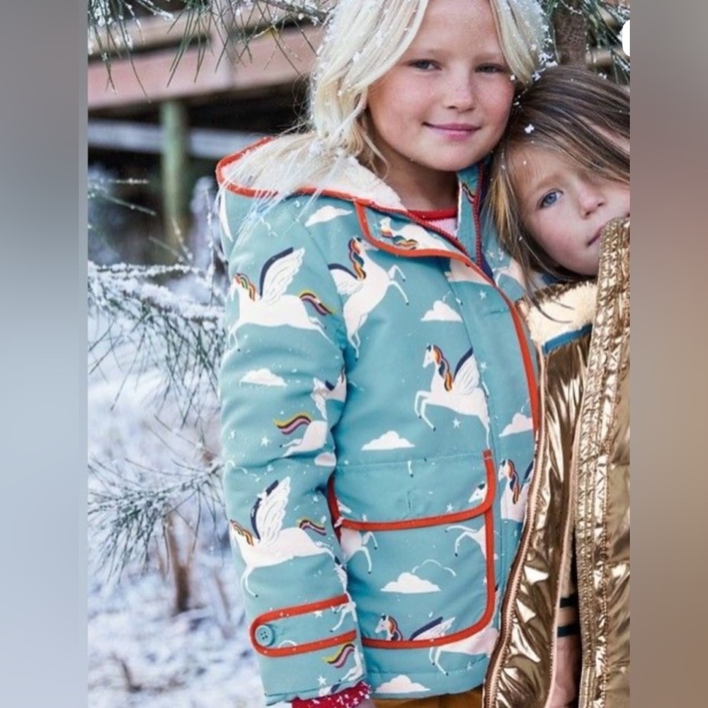 Girls' Blue Unicorn Pegasus Print Hooded Coat with Sherpa Lining